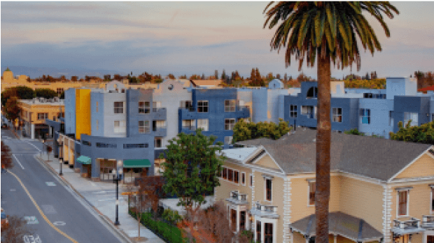A screen shot of an urban neighborhood with single and multi-family homes